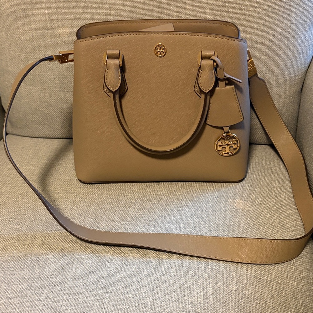 Tory Burch Beige-Tan Leather Satchel with Logo Charm